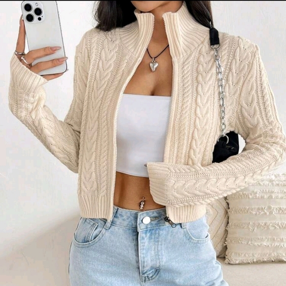 Women's Zipper Front Long Sleeve Solid Color Casual Cardigan - Picture 2 of 4